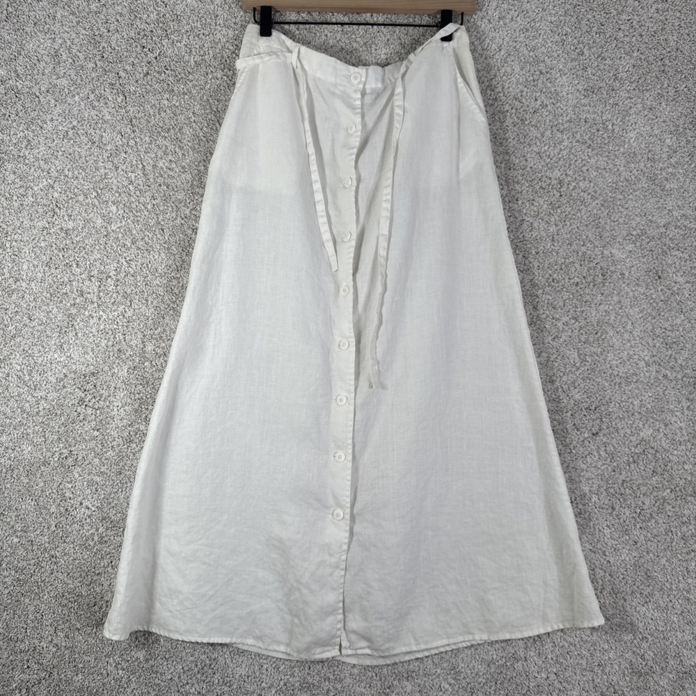 Autograph New York White Linen Button Down Midi Skirt W/ Pockets & Tie - 8